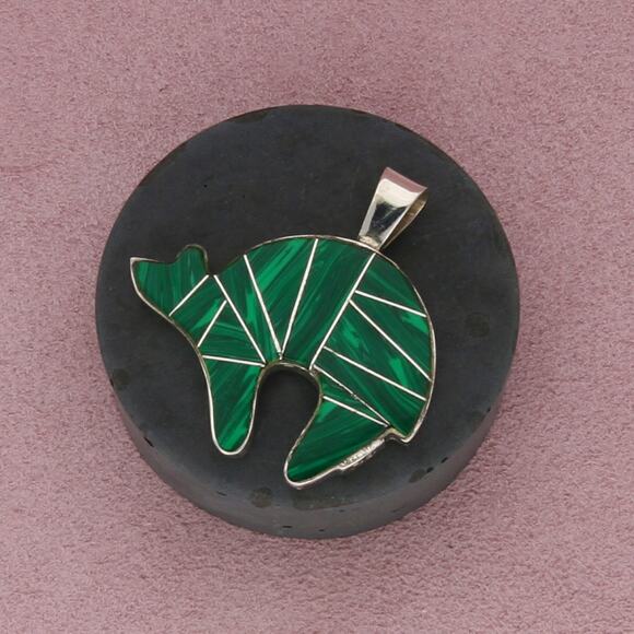 navajo sterling silver vintage two-sided malachite inlay bear pendant - Picture 1 of 3